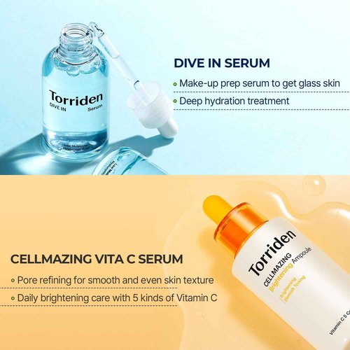 Torriden DIVE IN Serum 1.69 fl.oz + CELLMAZING Vita C Ampoule 1.01 fl.oz | Serum Duo to Get Glass Skin | Refining Skin Texture | Korean Skin Care