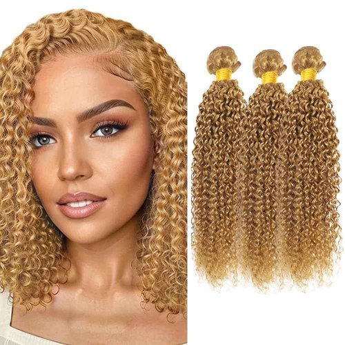 Blonde Curly Bundles Human Hair 27 Kinky Curly Bundles Honey Blonde Human Hair Bundle 12 14 16 inch #27 Wet and Wavy Bundle