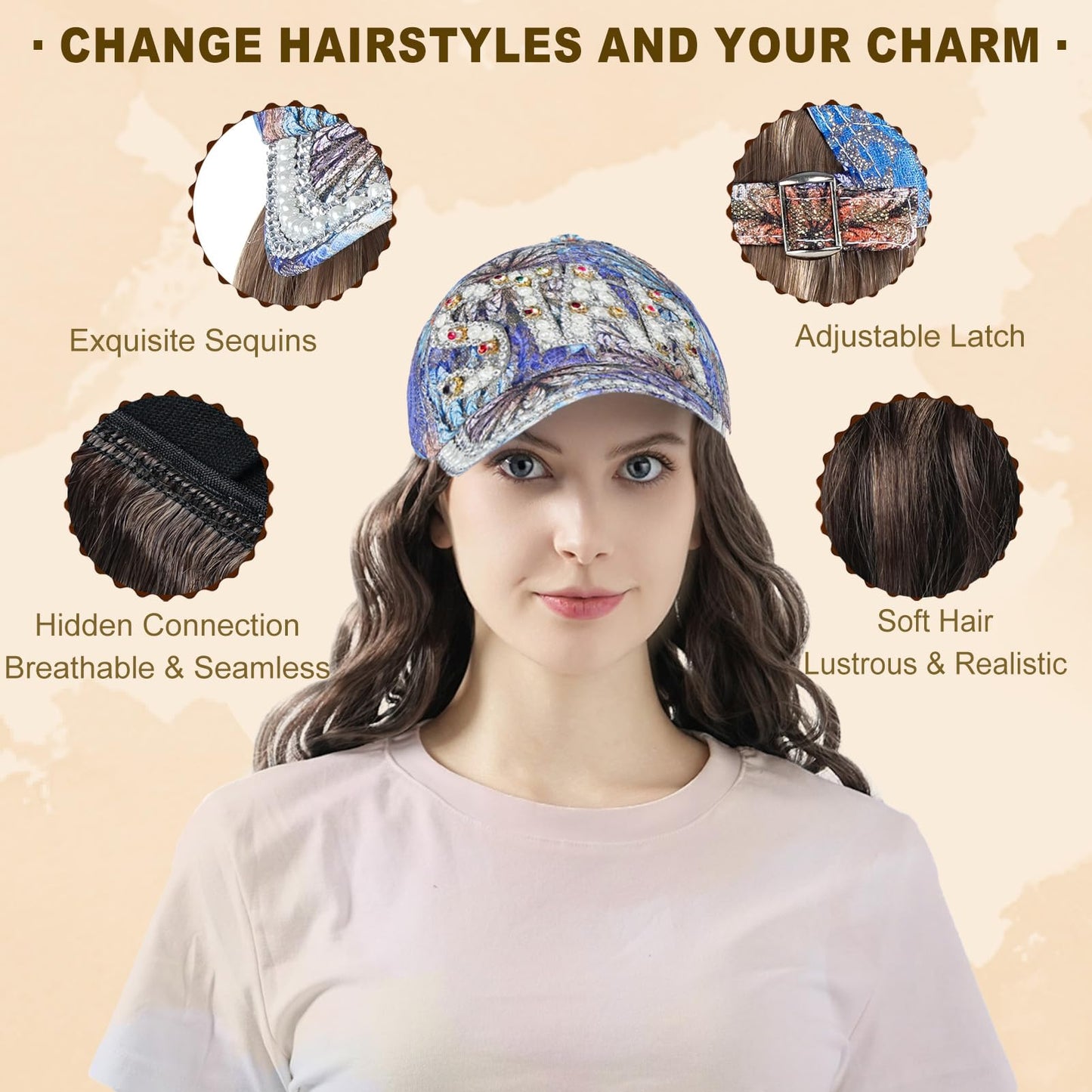 SUNBORRY Hat Wig for Women Baseball Cap with Hair hat with hair attached for women Extensions Adjustable Hat Attached 29" Long Wavy Hairpieces Synthetic Wig