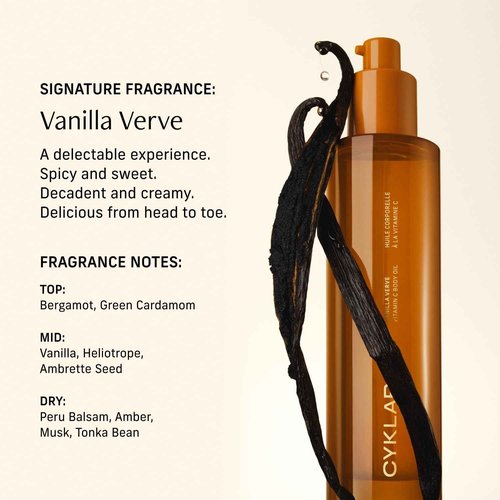 CYKLAR Vitamin C Body Oil for Women and Men. Moisturizing Vanilla Verve Scented Body Serum for Glowing Skin. Nourishing, Hydrating After-Shower and Bath Skin Care Moisturizer, 4.2 Fl Oz