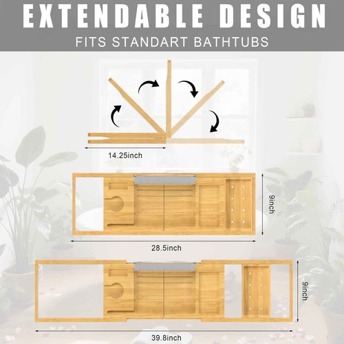 Foldable Bathtub Caddy Tray for Tub,Bamboo Expandable Bath Table Trays,Premium Bathroom Accessories for New Home & Mothers Day & Birthday Gifts for Couples,Natural