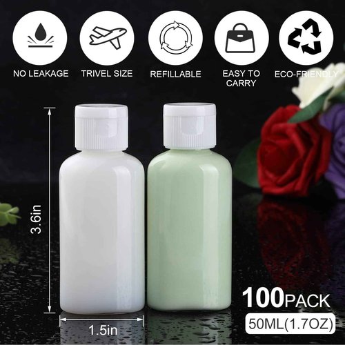 100Pack 1.7oz/50ml Plastic Empty Squeeze Bottles with Flip Cap Hand Sanitizer Bottle small travel Size bottles Refillable Container for Shampoo Lotion Cream Body Soap Baby Shower Wedding Party Favors