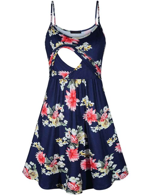 Qnursma Spring Maternity Dresses,Women Printed Spaghetti Strap Breastfeeding Nursing Maxi Dress Sleeveless Empire Waist Casual Tunic Mid Length Soft Stretch Blue Floral L 10-12