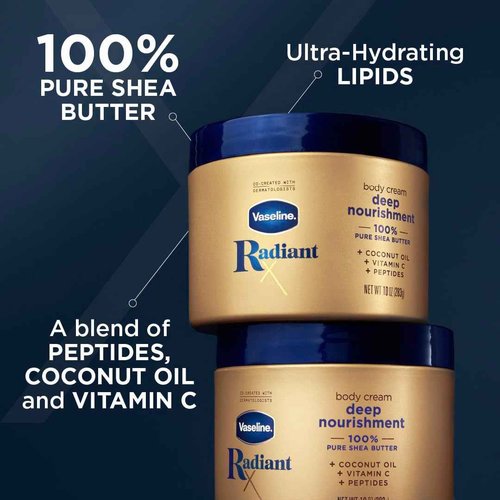 Vaseline Illuminate Me Body Butter Whipped Body Butter Created & Radiant X Deep Nourishment Body Cream 100% Pure Shea Butter, Coconut Oil, Vitamin C, & Peptides 10 oz