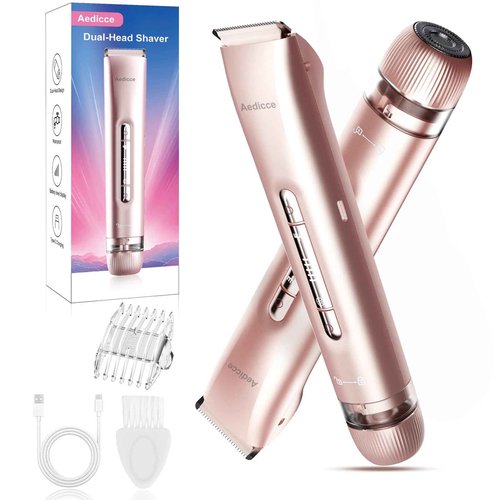 Bikini Trimmer for Women 2 in 1, Dual Head Womens Electric Shaver, Electric Razors for Pubic Hair, IPX7 Waterproof Rechargeable Facial Hair Removal for Shaving Underarm Leg Arm Body Face, Rose Gold