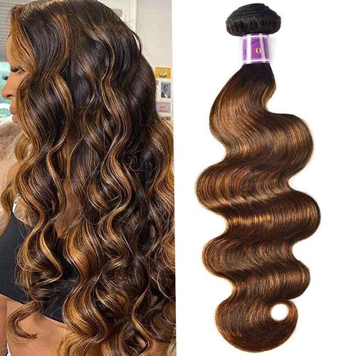 UNice Ombre Brown Highlight Body Wave Human Hair Weave 1 bundle 10 inch, Brazilian Remy Hair Dark Root Blonde Human Hair Weaves Extension Piano Color TFB30