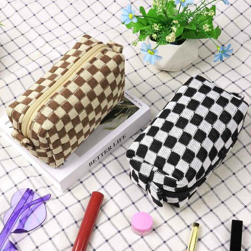 Aucuu 2 Pcs Checkered Makeup Bags, Portable Travel Toiletry Bag with Zipper, Makeup Bag Storage Cosmetic Bag for Women (Black&Light Brown)