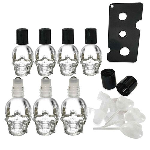 MINELEVEN 7 pcs Set 10ml Mini Skull Glass Oil Roller Bottles Leakproof Essential Oils Bottle for Storage and Travel (transparent)