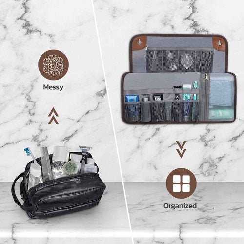 Estour Toiletry Bag for Men, Travel Essentials Travel Toiletry Bag, Water-Resistant Compact Bathroom Roll Organizer for Hygiene, Shaving kit, Gifts for men (1.Chic Brown(PU Leather))