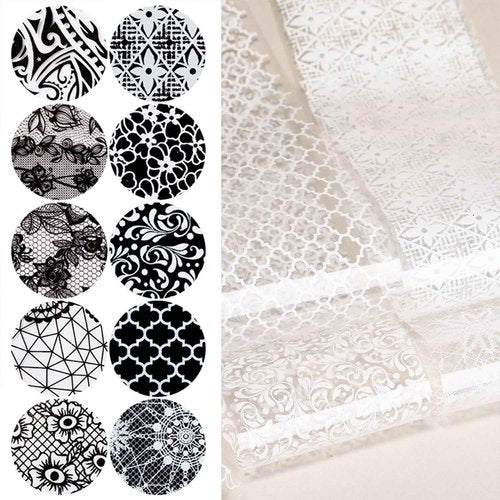 SILPECWEE 20 Rolls Lace Nail Foil White and Black Nail Transfer Foil Flower Nail Art Foils Decals Holographic Foils for Nails Manicure Stickers for DIY Acrylic Nails Decoration