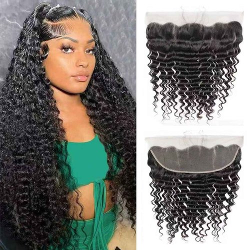 13x4 HD Lace Frontal Human Hair Deep Wave Ear to Ear Lace Frontal Closure Free Part 16 Inch Unprocessed Brazilian Curly Virgin Hair Extensions HD Lace Closure for Black Women Pre Plucked Natural Black
