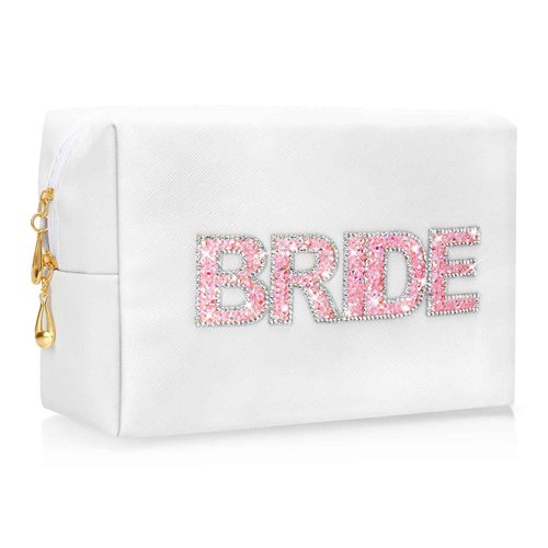 Bling Bride Patch Letter Makeup Bag Pouch Gift For Bride Bridesmaid Women,Personalized Engagement Wedding Gift For Her, Glitter Rhinestone Leather Travel Toiletry Bag,Trendy Purse For Bridal Party
