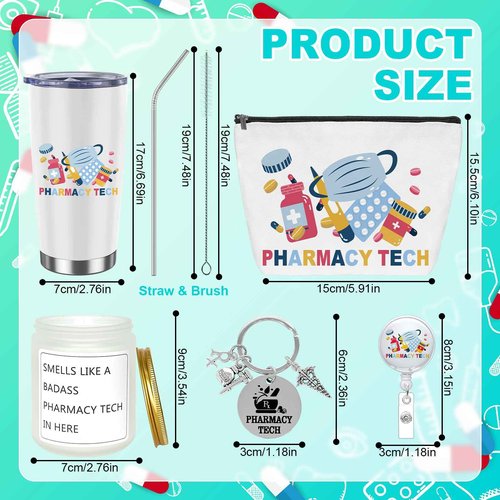 Yoloodayy 6 Pcs Pharmacy Technician Gifts Include Cup Portable Cosmetic Bag Badge Keychain Aromatherapy Thank You Card Pharmacy Technician Accessories for Doctors Nurses Week Gift Supplies