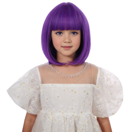 Edivd Bright Purple Bob Wig for Kids Girls Short Purple Bob Wig with Bangs Heat Resistant Synthetic Wig with Wig Cap