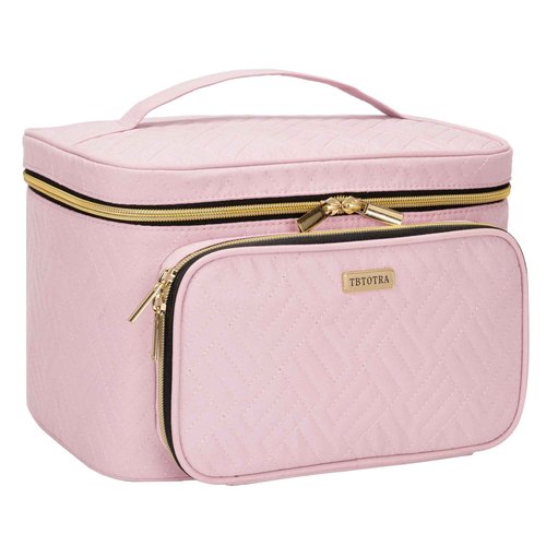 TBTOTRA Travel Makeup Bag with Jewelry Organizer, Large Cosmetic Case, Waterproof Toiletry Bag for Cosmetics, Brushes, and Tools, Pink