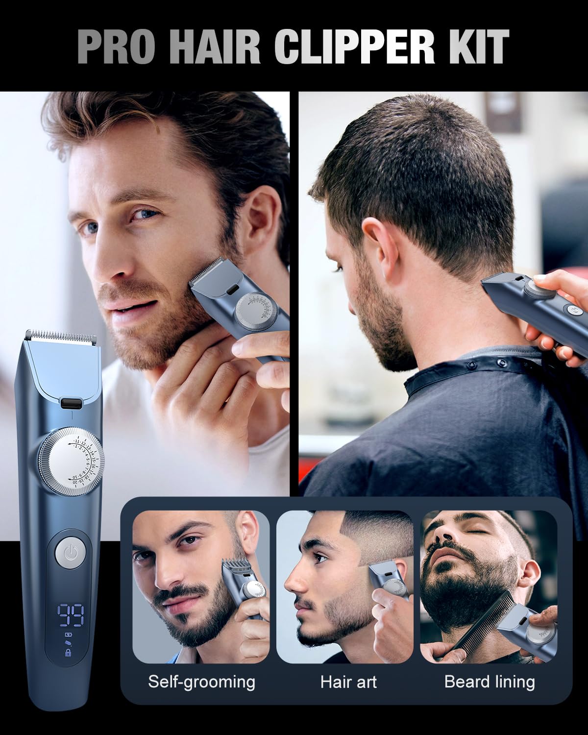 Sejoy Beard Trimmer for Men, Hair Trimmer for Men Cordless Hair Clipper for Mustache Body Hair Cutting Hair Clippers with LED Display for Men Women Kids Clippers for Hair Cutting, Blue