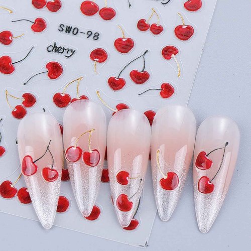 Cherry Nail Stickers Fruit Nail Decals 5D Embossed Fruit Design Sticker 3PCS Self-Adhesive Summer Nail Art Supplies Nail Manicure Accessories Slider Cherry Stickers for Women Nail Art Decorations
