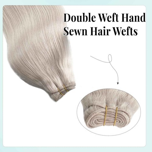 Sew in Hair Extensions Human Hair Weft Silvery Grey Hair Extensions Sew in Real Human Hair Invisible Weft Human Hair Colored Weaving Hair for Full Head 14inch 80g
