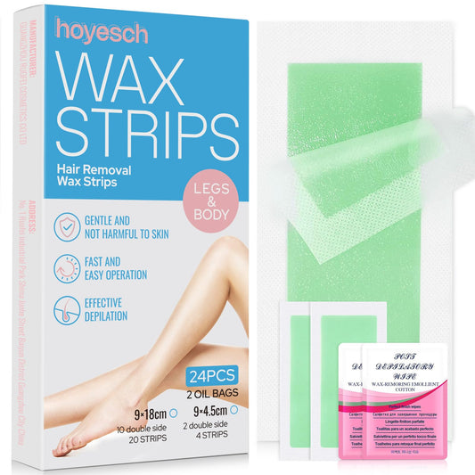 24Wax Strips -Wax Strips for Hair Removal - Facial Hair Removal for Women - Waxing Kit for Face, Body, Arms, Legs, Chest, Back, Bikini & Brazilian 24ct Waxing Strips & 2Calming Oil Wipes