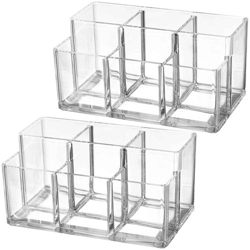Foraineam 2 Pack Acrylic Makeup Brushes Holder with 6 Slots, Clear Pen Pencil Organizer Desktop Stationery Storage Container, Vanity Cosmetic Eyeliners Eyebrow Pencil Display Case