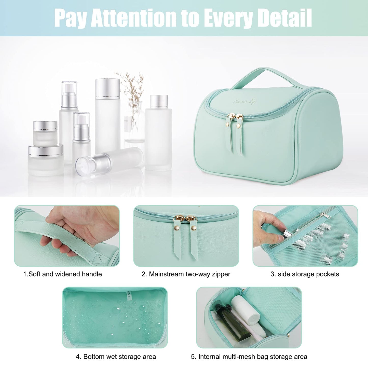 NUFR Large Makeup Bag,PU-Leather Cosmetic Bag,Water-resistant Toiletry Pouch,Portable Travel Essentials Case,Make up Bags for Women Girls (Mint Green)