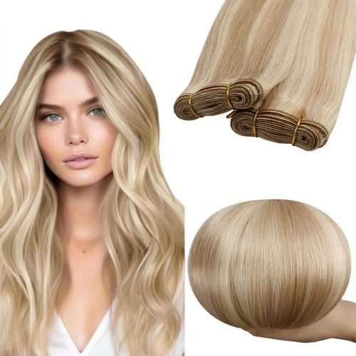 RUANTURE Sew in Hair Extensions Real Human Hair, Weft Hair Extensions Human Hair, Double Wefts Sew in Hair Extension, Remy Human Hair Weft, Ash Blonde Highlight Platinum Blonde 12 Inch 70g