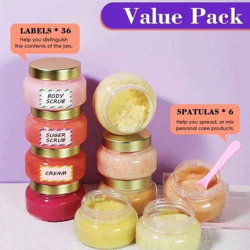 36 Pack 8 oz Plastic Cosmetic Containers With Lids Refillable Clear Empty Travle Jars Containers for Body Butter,Sugar Scrubs,Cream,Lotions,Candy, Waterproof Label&Spatulas - (Rose Gold Lid)