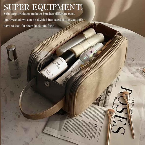 Cozomga 3 - Layer Large - Capacity Makeup Cosmetic Toiletry Bag with Double Zippers & Wide Opening, Portable Travel Organizer for Cosmetics & Toiletries-Light Brown