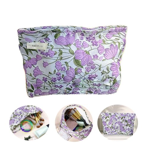 ASOQOLA Makeup Bag Floral Cosmetic Bag Large Capacity Aesthetic Makeup Bag with Zipper, Travel Toiletry Bag for Women (purple)