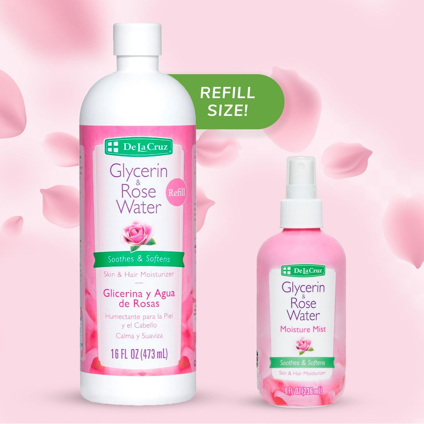 De La Cruz Rose Water and Glycerin for Face - Rosewater Facial Toner and Moisturizer for Skin and Hair Refill Bottle 16 fl oz. (473 mL) - 1 Bottle