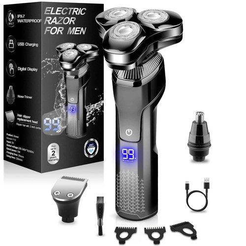 Electric Razor for Men, LED Display 100% Waterproof Cordless Razor, Wet/Dry Shaving,Electric Shaver for Men Includes Nose Hair Trimmer Beard Trimmer Travel Shaver