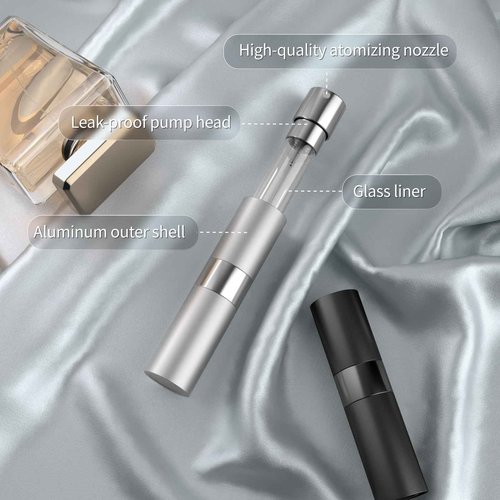 YIKIBOX 8ml Travel Perfume Atomizer Bottles Refillable – Mini Perfume Spray Bottles with Leak-Proof Design, Refillable Cologne Atomizer for Travel, Purse, Pocket(Black, Silver)