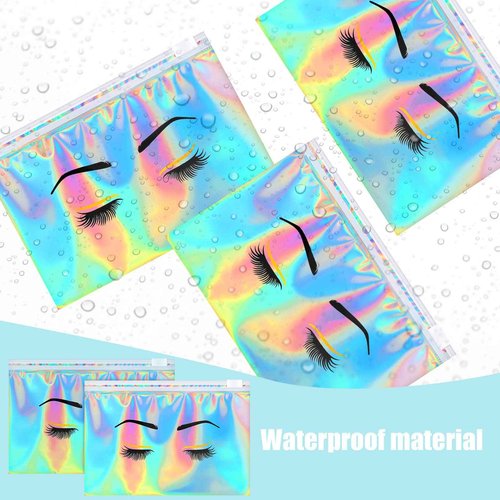 Kajaia 60 Pack Holographic Lash Aftercare Bags Empty Eyebrow Eyelash Cosmetic Makeup Bag 6 x 4 in EVA Zipper Beauty Gift Pouches for Women Girls Small Business(Colorful)