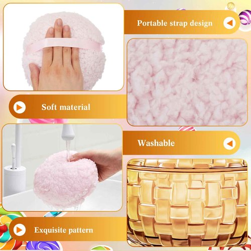 Tioncy 2 Pcs Extra Large Dusting Powder Puff and Container for Women-5.43'' Glass Crystal Dusting Powder Container with 5.91'' Body Soft Washable Reusable Velour Face(Amber,Weave Design)
