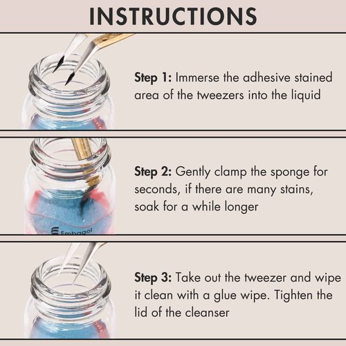 Embagol 2 Bottles Tweezer Cleanser for Eyelash Extensions Tweezers Glue Remover Liquid for Lash Tools with 2 Spongeballs(2 Bottles Cleanser)