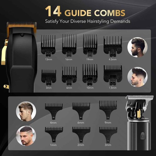 Hair Clippers for Men, Professional Cordless Barber Set with LED Display, 14 Guide Combs, Rechargeable Electric Shaver & Trimmer Kit (Black)