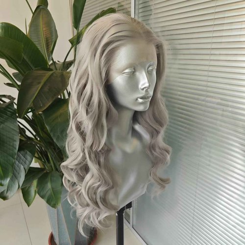 RDY Sliver Grey Long Body Wave Lace Front Wig Middle Part Natural Wavy Heat Resistant Fiber Synthetic Wigs for Women Girls Party Cosplay Wear 24 Inch