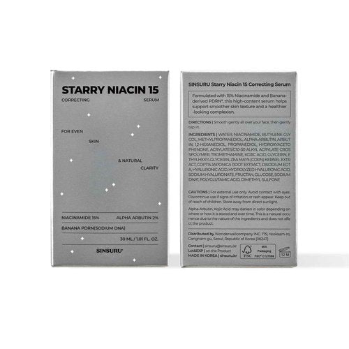 SINSURU 15% Niacinamide + Alpha Albutin + Banana PDRN Starry Niacin 15 Correcting Serum – Potent Brightening Serum for Uneven Tone & Dark Spots, Fragrance-Free | Korean Skincare (1.01 fl.oz / 30ml)