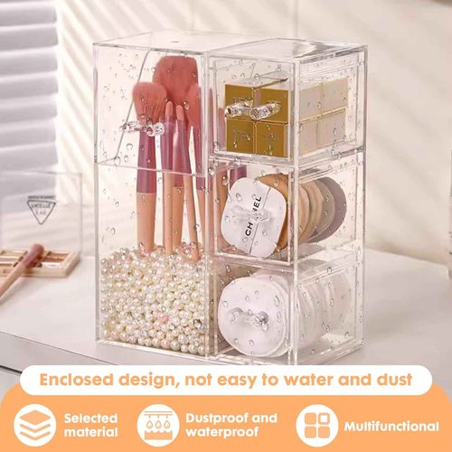 ShellKingdom Makeup Brush Holder,Clear Cosmetic Brushes Organizer With Drawer for Storage Brushes with Lid and Pearl for Dressing Tables and Vanity
