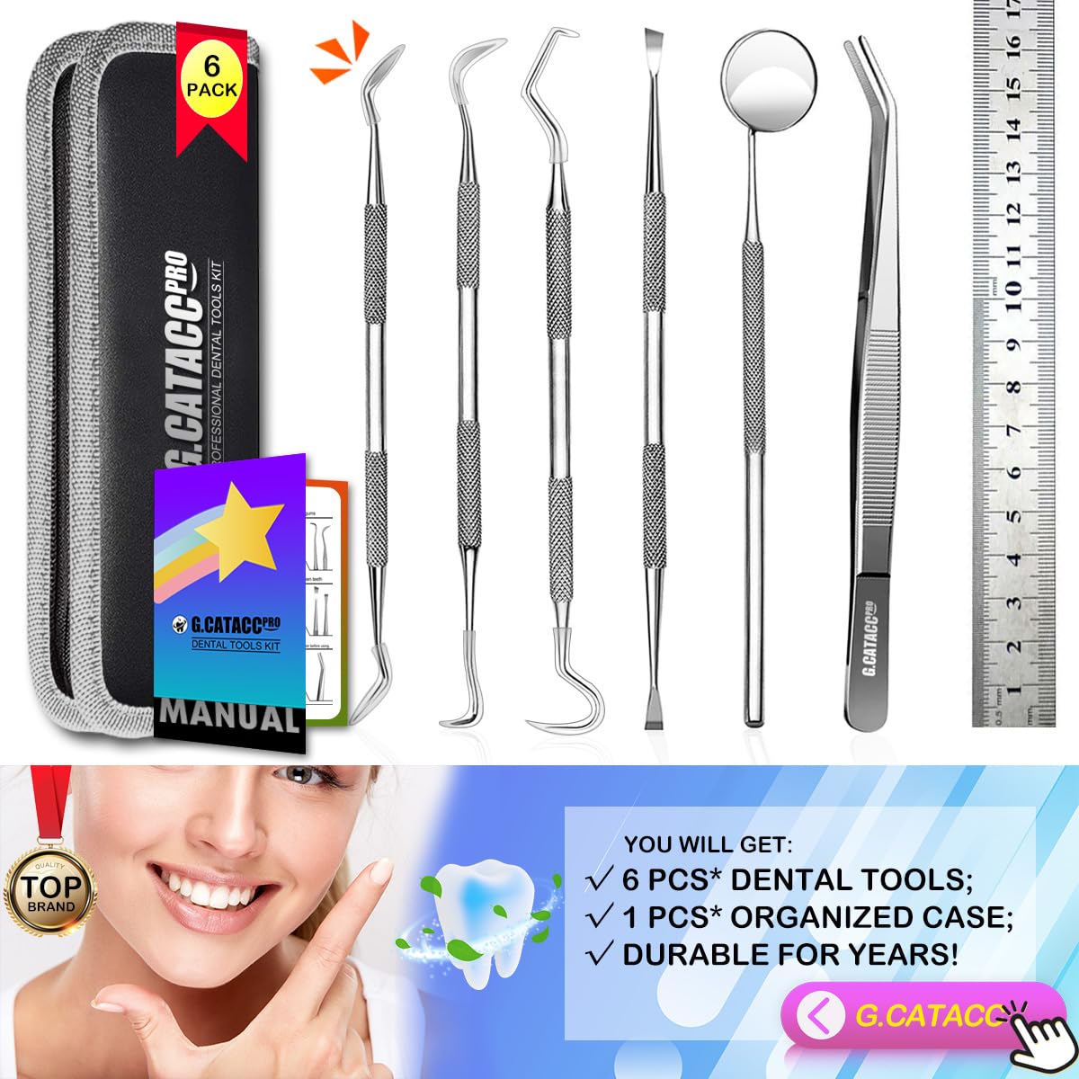 G.CATACC Dental Tools, Dental Pick Teeth Cleaning Tools, Dental Hygiene Kit, Plaque Remover for Teeth, Professional Stainless Steel Tooth Scraper Plaque Tartar Cleaner - with Case