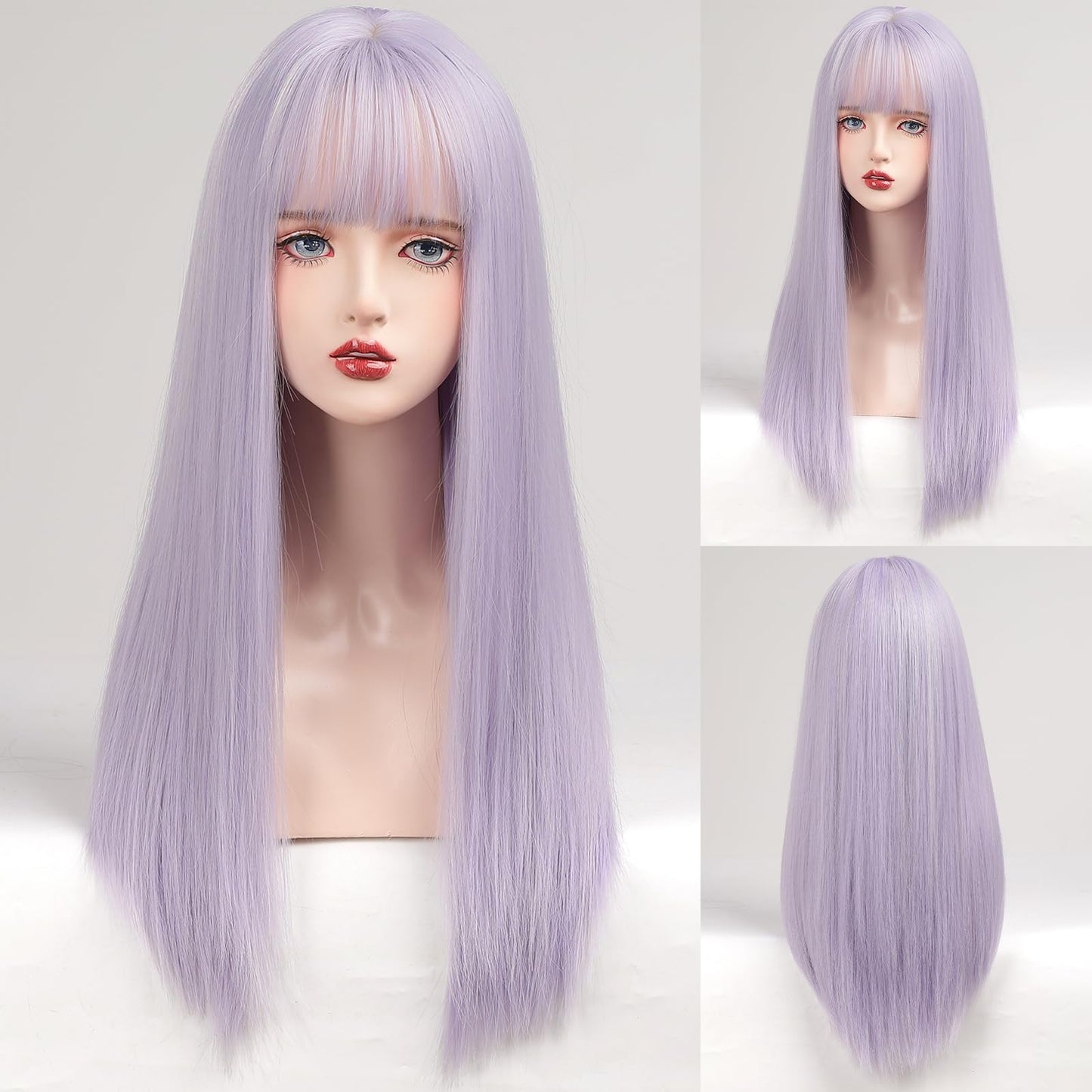 EMMOR Light Purple Wig With Bangs For Women Long Straight Wigs Synthetic For Girls Halloween Party Cosplay And Daily Use(26" Light Purple)