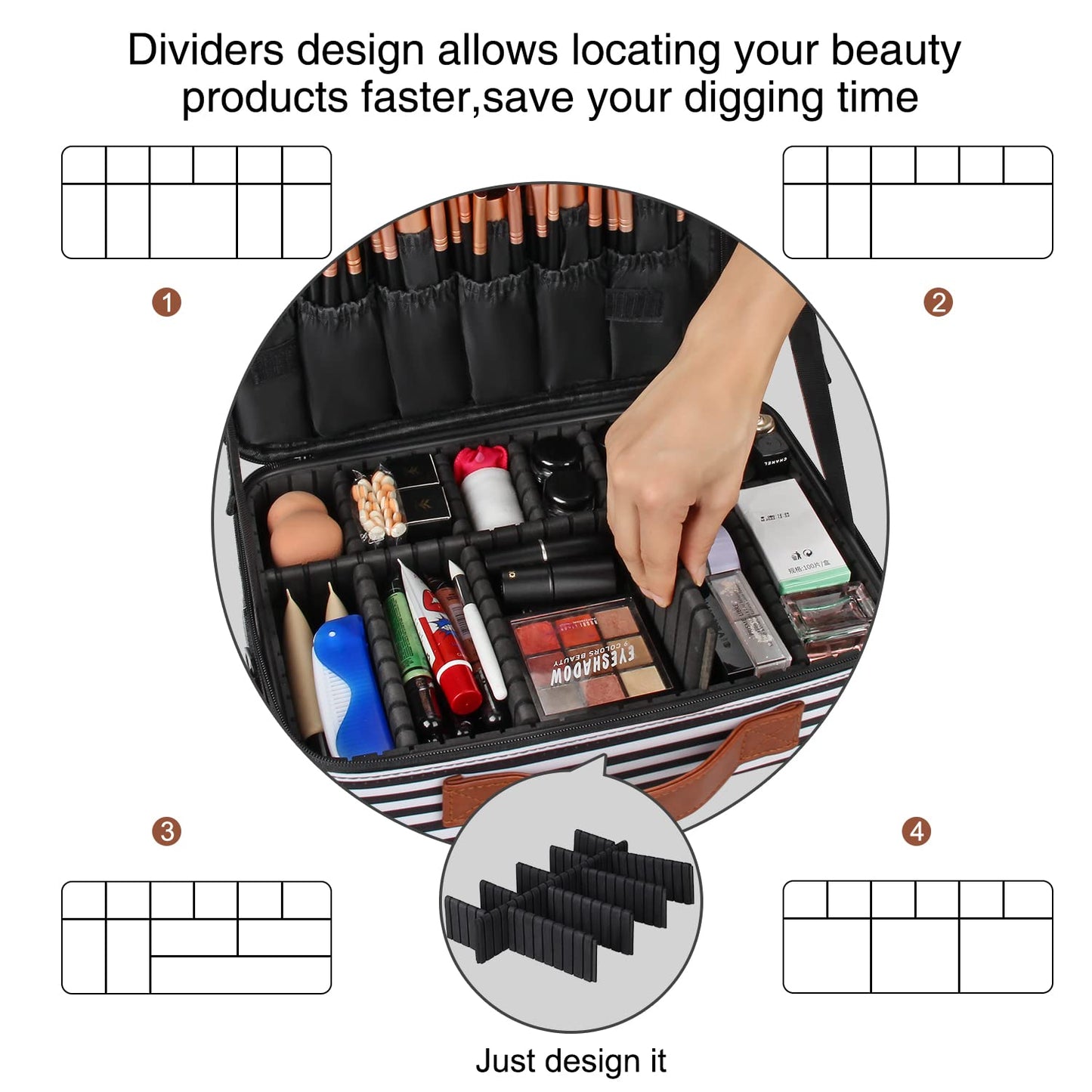 Relavel Makeup Bag Travel Makeup Train Case 13.8 inches Large Cosmetic Case Professional Portable Makeup Brush Holder Organizer and Storage with Adjustable Dividers and Shoulder Strap(Stripe)