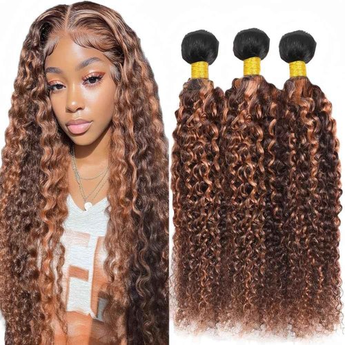 Light Brown Highlight Human Hair Ombre Brown Bundles T1BP4/30 Kinky Curly Human Hair Bundles 8 10 12 Inch Unprocessed Brazilian Virgin Remy P4/30 Hair Extension for Women