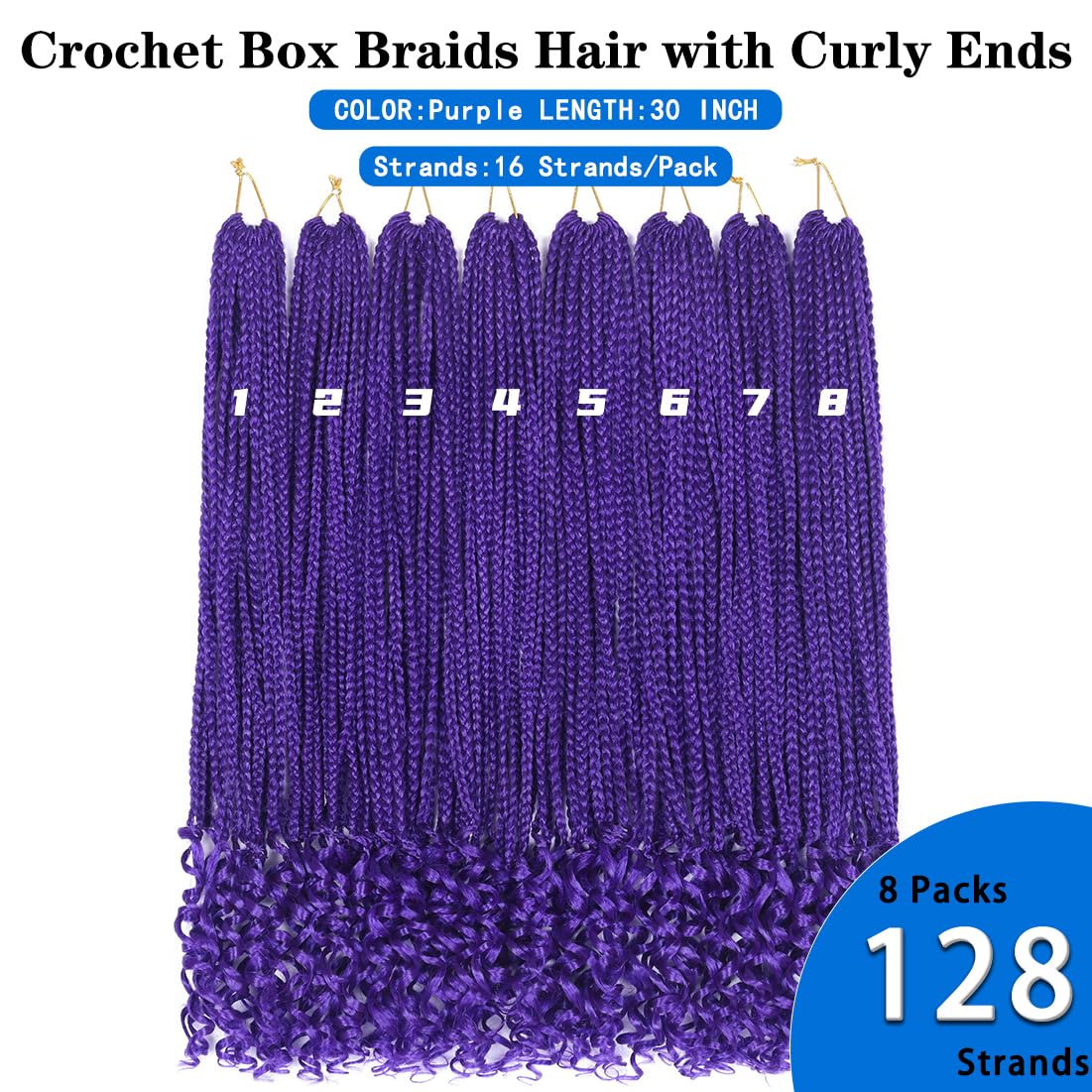 8 Packs 30 Inch Crochet Box Braids Hair with Curly Ends Pre looped Goddess Box Braids Crochet Hair Box Braids Braiding Hair Crochet Braids Hair for Women(30 inch,Purple)