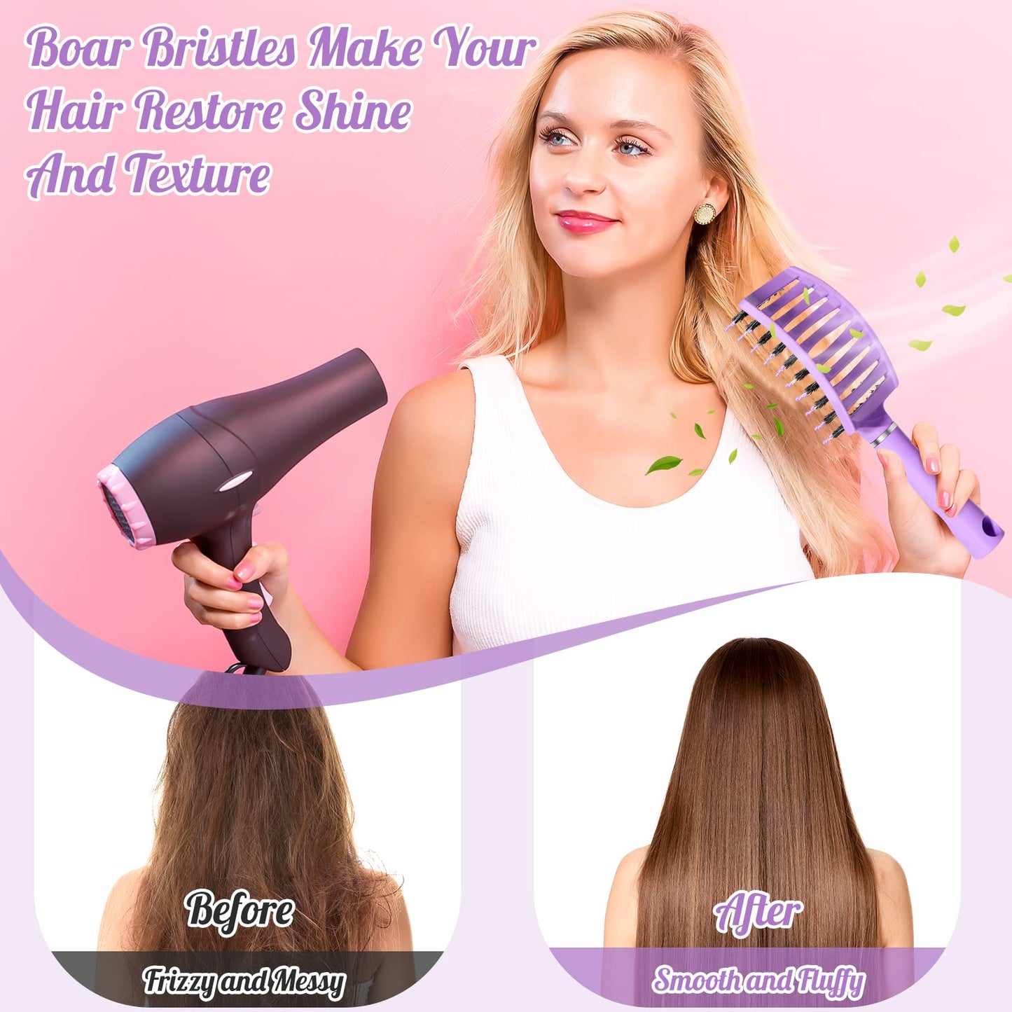 Hair Brush,URTHEONE Detangling Hairbrush Boar Bristle Curved Vented Hair Brush for Women Men Kids Curly Thick Long Short Wet or Dry Hair, Faster Blow Drying (2Pack, Pink&Purple)