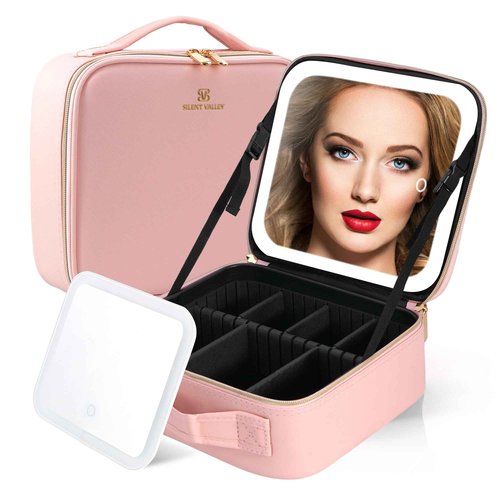 NHOPEJRJY Makeup Bag with Mirror and Light Travel Makeup Bag Makeup Train Case Cosmetic Organzier Portable Artist Bag with Adjustable Dividers Makeup Brushes Storage Organizer Gift for Women Pink