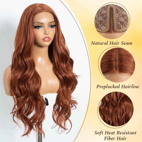 Rebecca Q Long Wavy Synthetic Lace Front Wig for Women 30 inches Middle Part Natural Hairline Heat Resistant Fiber Wigs for Daily Party (Ginger)