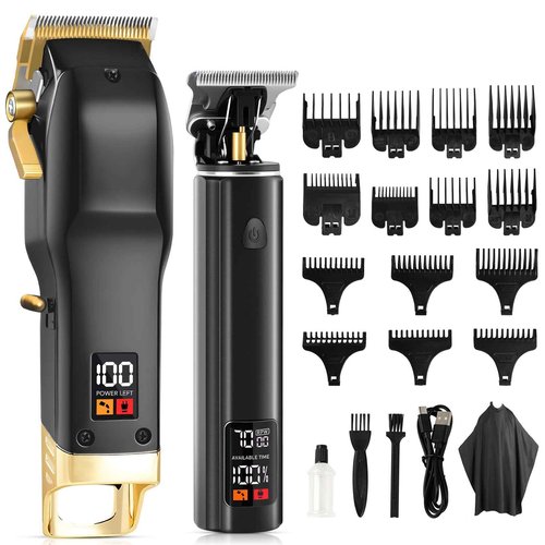 Hair Clippers for Men, Professional Cordless Barber Set with LED Display, 14 Guide Combs, Rechargeable Electric Shaver & Trimmer Kit (Black)