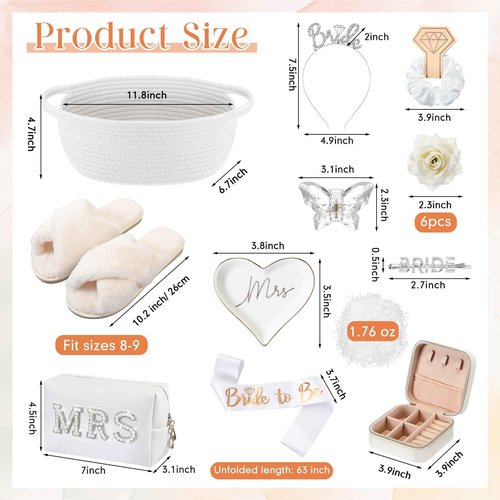 Baderke 17 Pcs Bride to Be Gift Basket for Bridal Shower, Bridal Box with Basket, Makeup Bag, Slippers, Headband, Sash, Mrs Ring Dish, Jewelry Box and More for Wedding Engagement Gift(White)