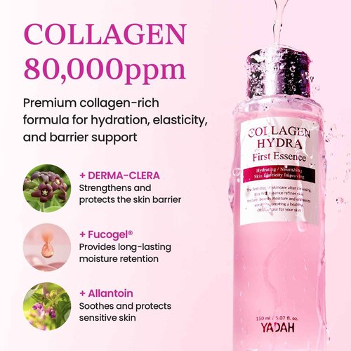 YADAH Collagen Hydra Essence – Deep Hydration, Soothing with 80,000ppm Collagen peptides and Triple Hyaluronic Acid, Centella Asiatica Extract, Niacinamide – 5.07 fl oz